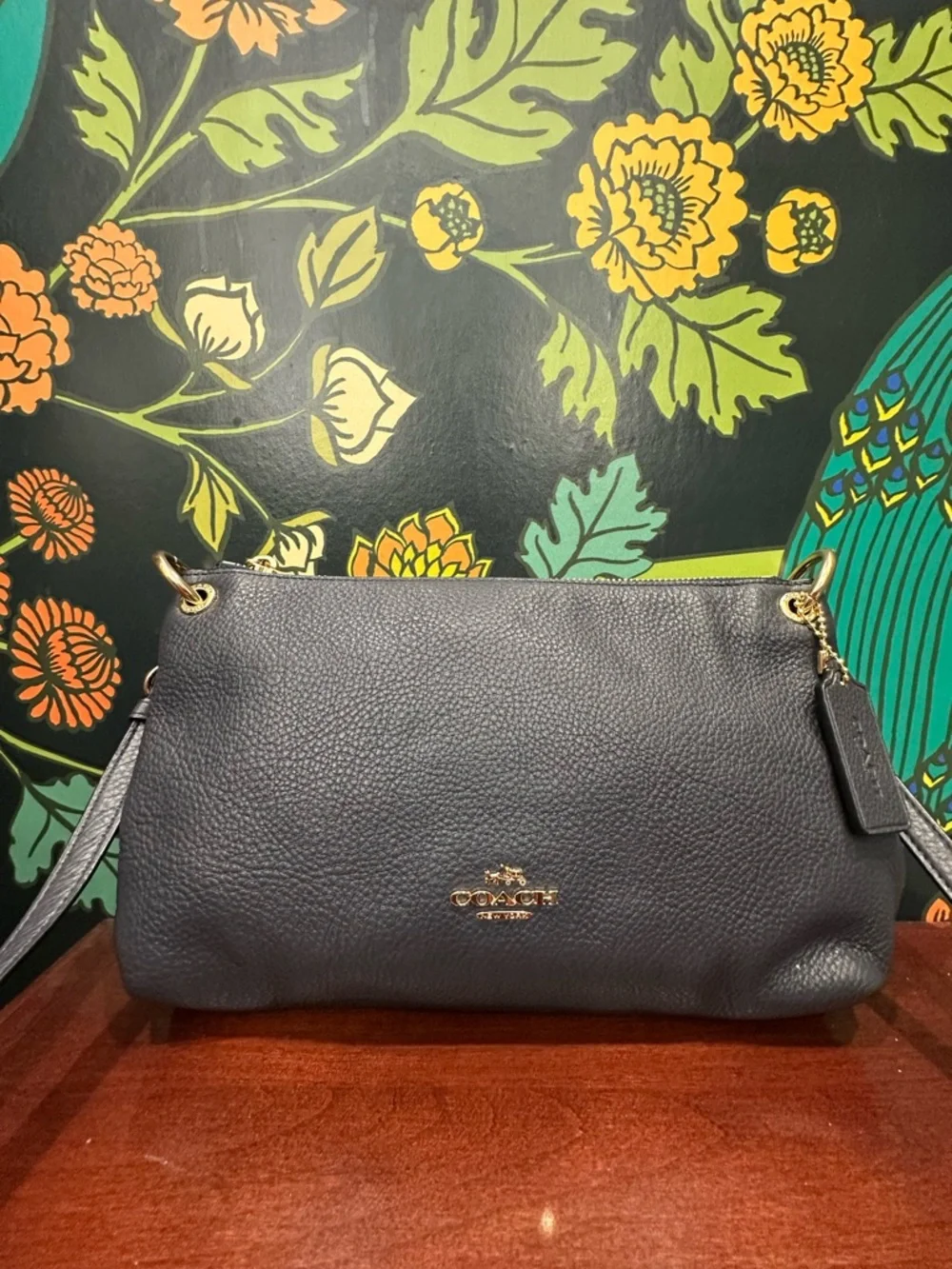 Coach Navy Pebbled Leather Crossbody Bag Gold Hardware Minimalist Shoulder Bag